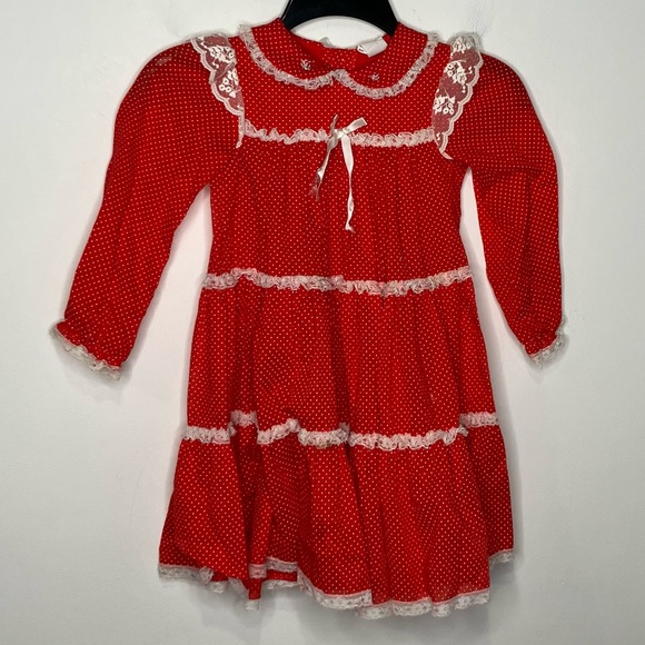 Vintage Bryan red with white polka dots teired dress kids size 5 made in the USA - Picture 1 of 7